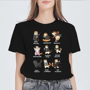 Imported New Womens Black T shirt Casual Round Neck Tshirt femme Tops potter cats Printed 90s Graphics Kawaii