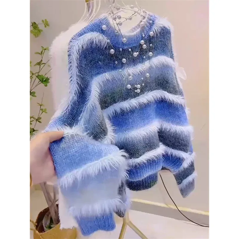 Мягкий липкий постепенно меняющий цвет свитер с бахромой для женщин осень и зима