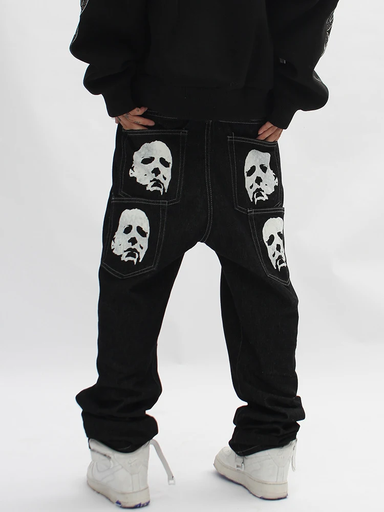 Four Seasons Jeans Men Portrait Print Jeans Men's Ins High Street Tide Brand Casual Straight Pants Trend Slim Pants Ins Hot Sale