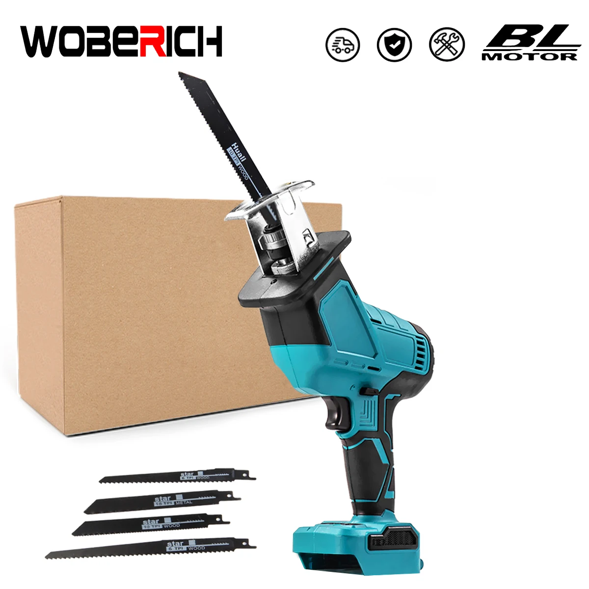 

Brushless Cordless Reciprocating Saw Chainsaw Cutting Wood/Metal/PVC Pipe Adjustable Speed with Saw Blades Power Tool(Only host)