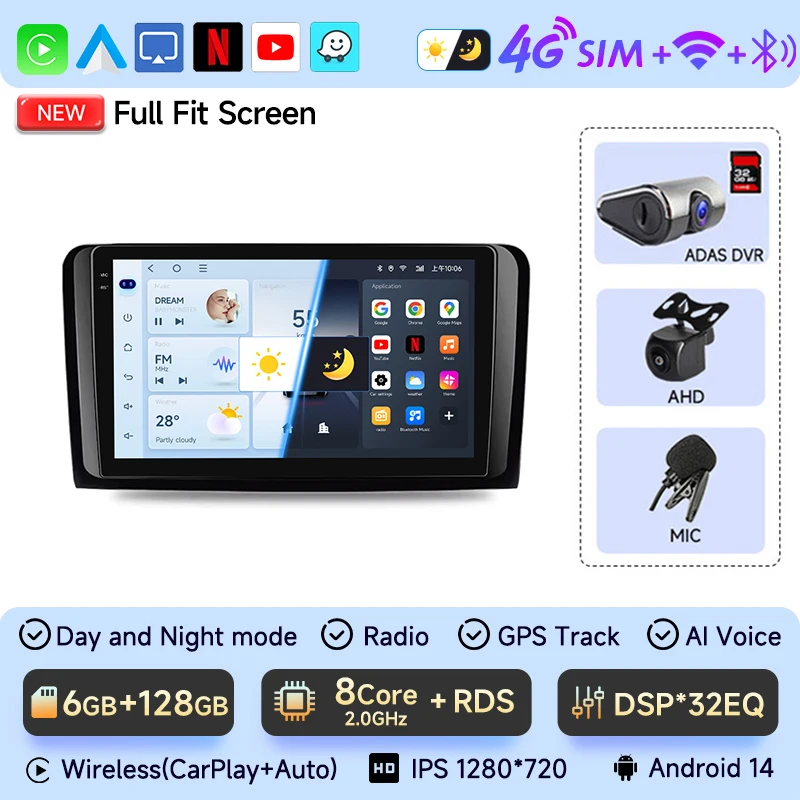 

Автомобильный радиоприемник для Mercedes-Benz M-Class W164 Android 14 Carplay 2 Din Stereo GL-Class X164 ML GL ML350 ML500 GL320 ML280 GL350 GL450