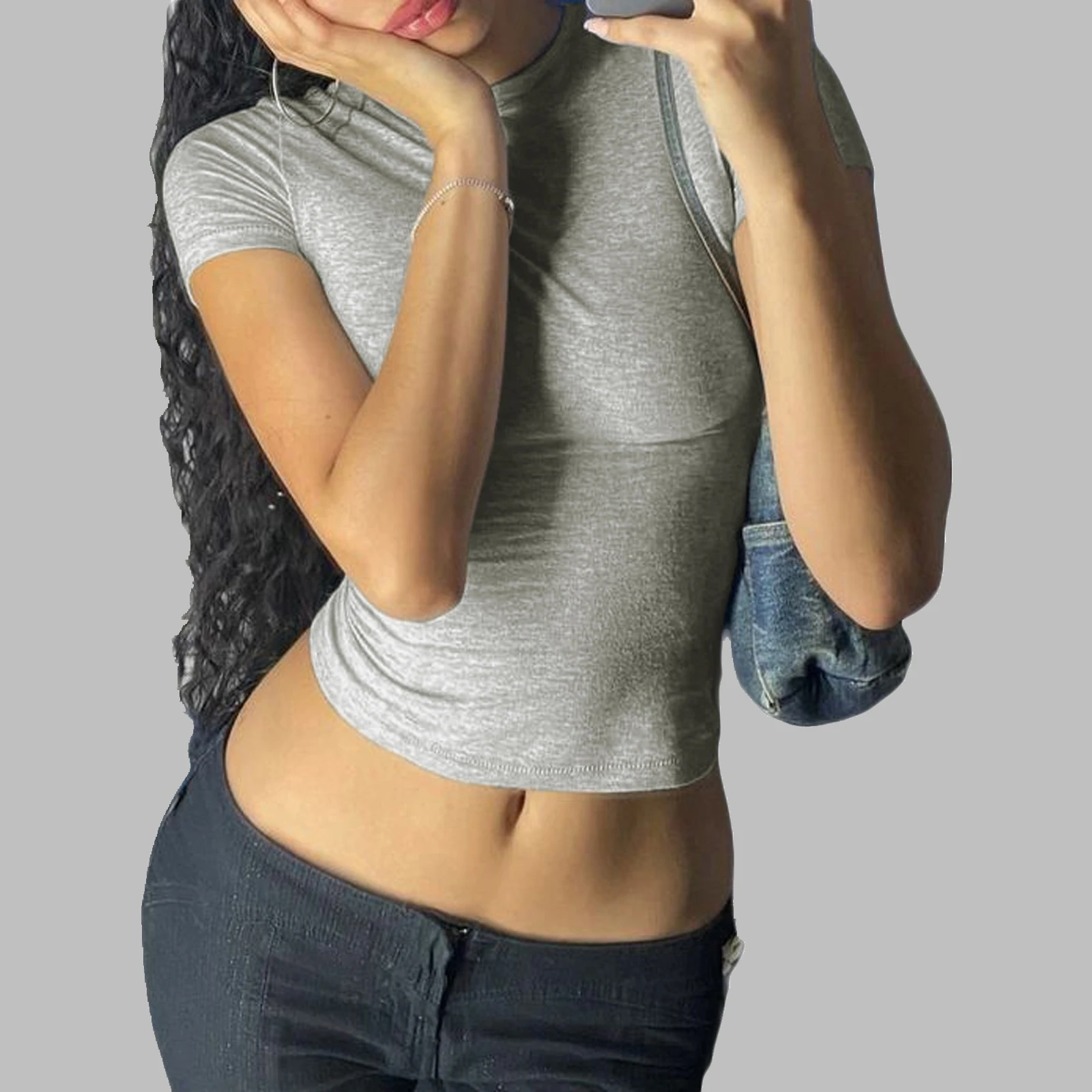 Футболка женская облегающая однотонная с коротким рукавом и круглым вырезом