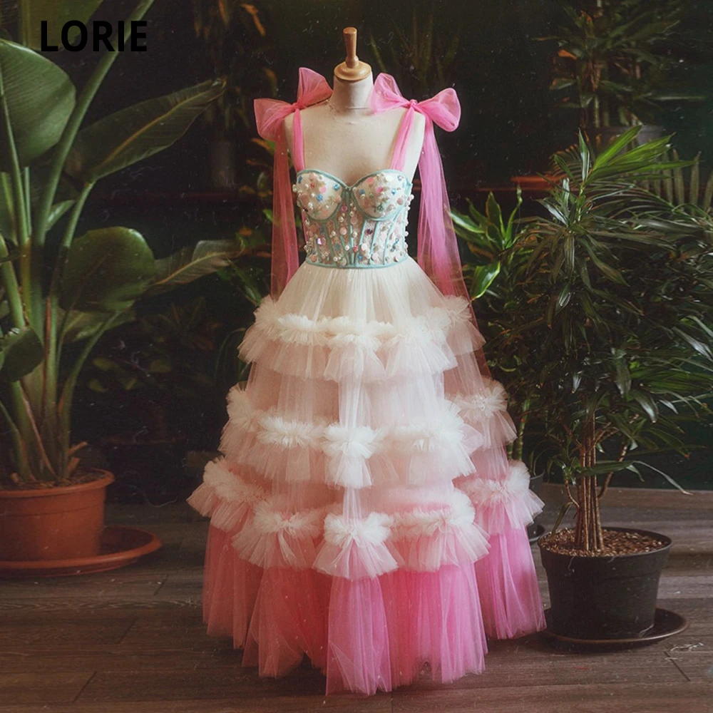 

LORIE Fairy Prom Dresses Sweetheart Straps With Bow Tulle Wedding Party Gown Pearls Long Ruched Graduation Robes De Cocktail