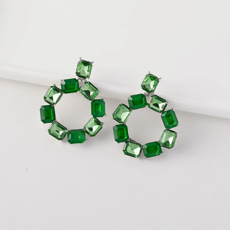 

New Simple Deep Green Geometric Crystal Round Pendant Fashion Exaggerated Drop Earrings for Women Jewelry Wholesale