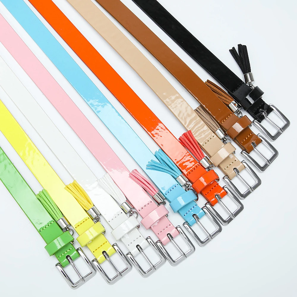 

Fashion PU Patent Leather Thin Belt Trend Candy Color Colorful Tassel Pendant Waist Belt All-match Jeans Dress Accessories