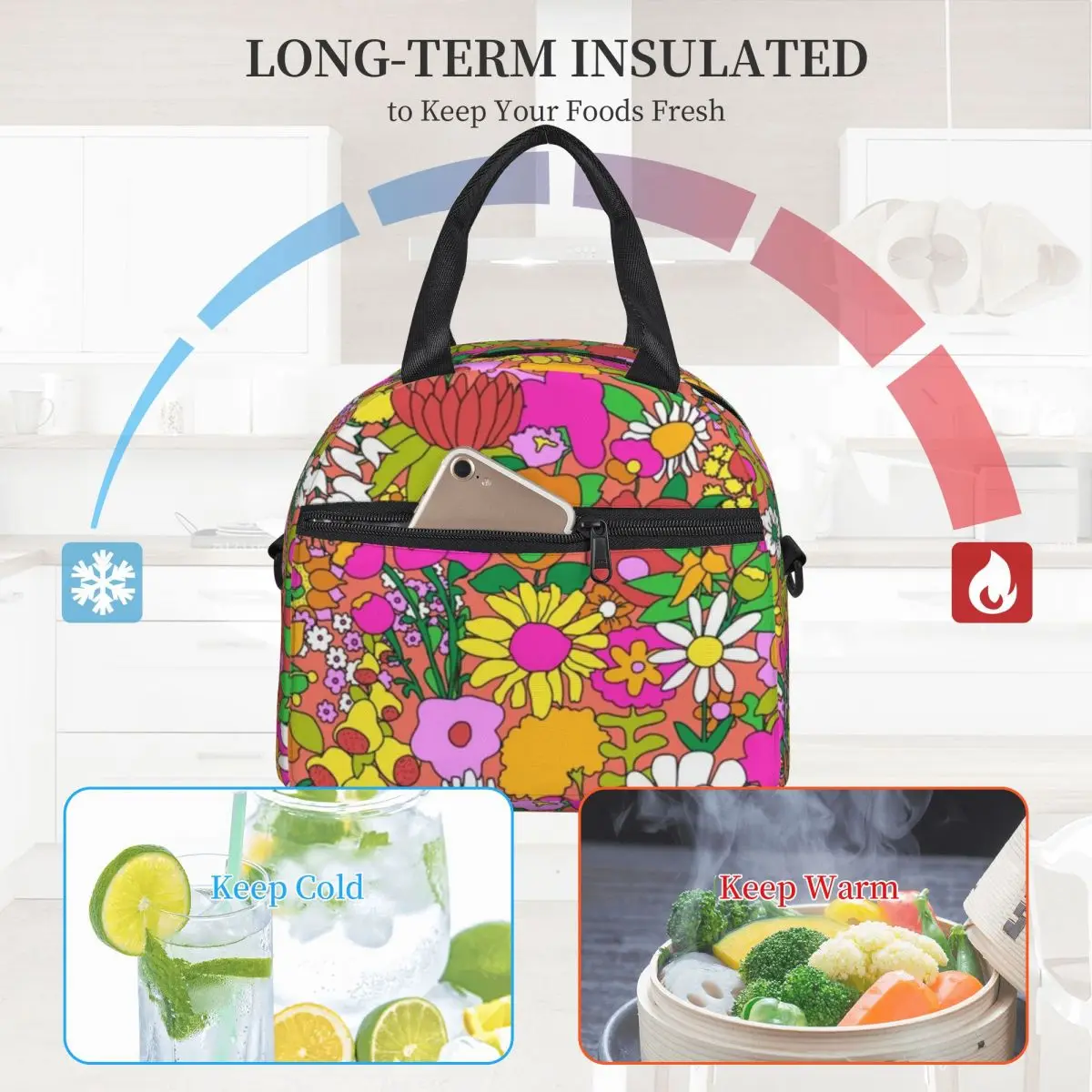

Peace Flower Power Lunch Bag with Handle 60S Groovy Garden Food Cooler Bag Purchase Cool Zipper Beach Thermal Bag