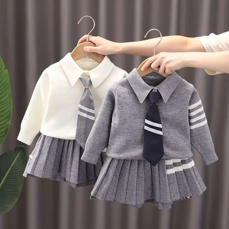 

2022 Girls Sweater Autumn and Winter New Girls' College School Style Knitted Two-Piece Children's Celebrity Suit Skirt