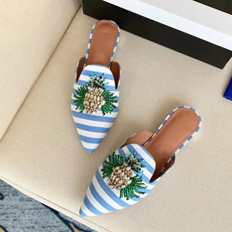 Personalized Pointed Toe Design Women's Slippers 2022 Spring And Summer Beaded Straw Cord Hand Sewn Upper Flat Muller |