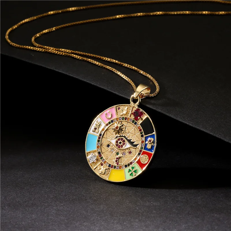 

2022 New Copper Necklace Bohemian Style European And American Fashion Drip Oil Zircon Pendant Necklace Women Iced Out Pendant