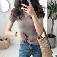 summer women blouse knitted stretchy sweet korean style bottoming shirt top