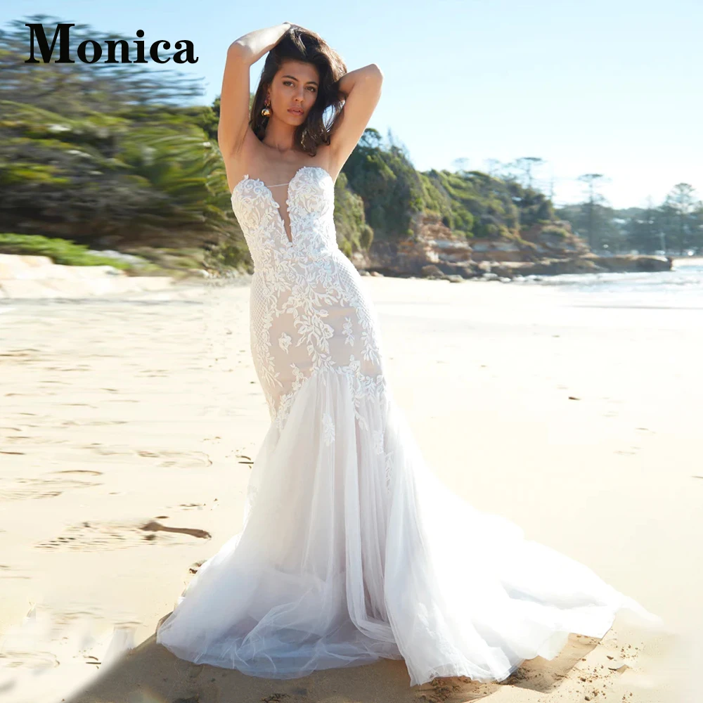 

MONICA Mermaid Exquisite Wedding Dresses For Bride Appliques Backless Tulle Sleeveless V-Neck Court Train Zipper Customised