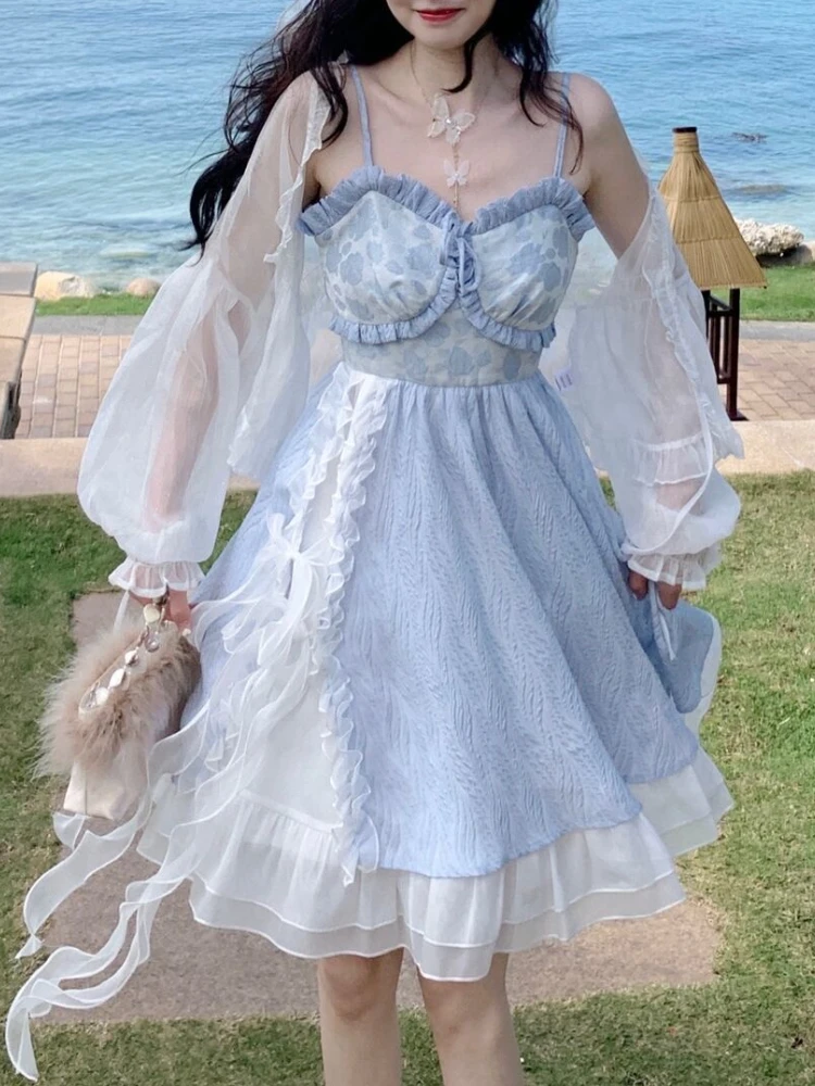 

Elegant Blue Sexy Dress Women Fairy Party Mini Dress Female Designer Chic Holiday Korean Fashion Casual Strap Dress 2022 Summer