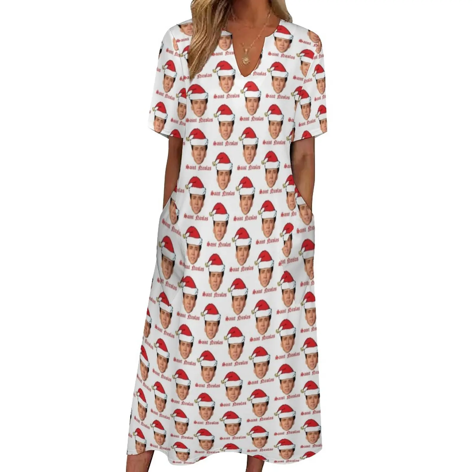 

Рождественское платье-макси в стиле «Николаса Кейдж», длинное уличное пляжное платье с V-образным вырезом для ночного клуба «Сен-Николай мем»