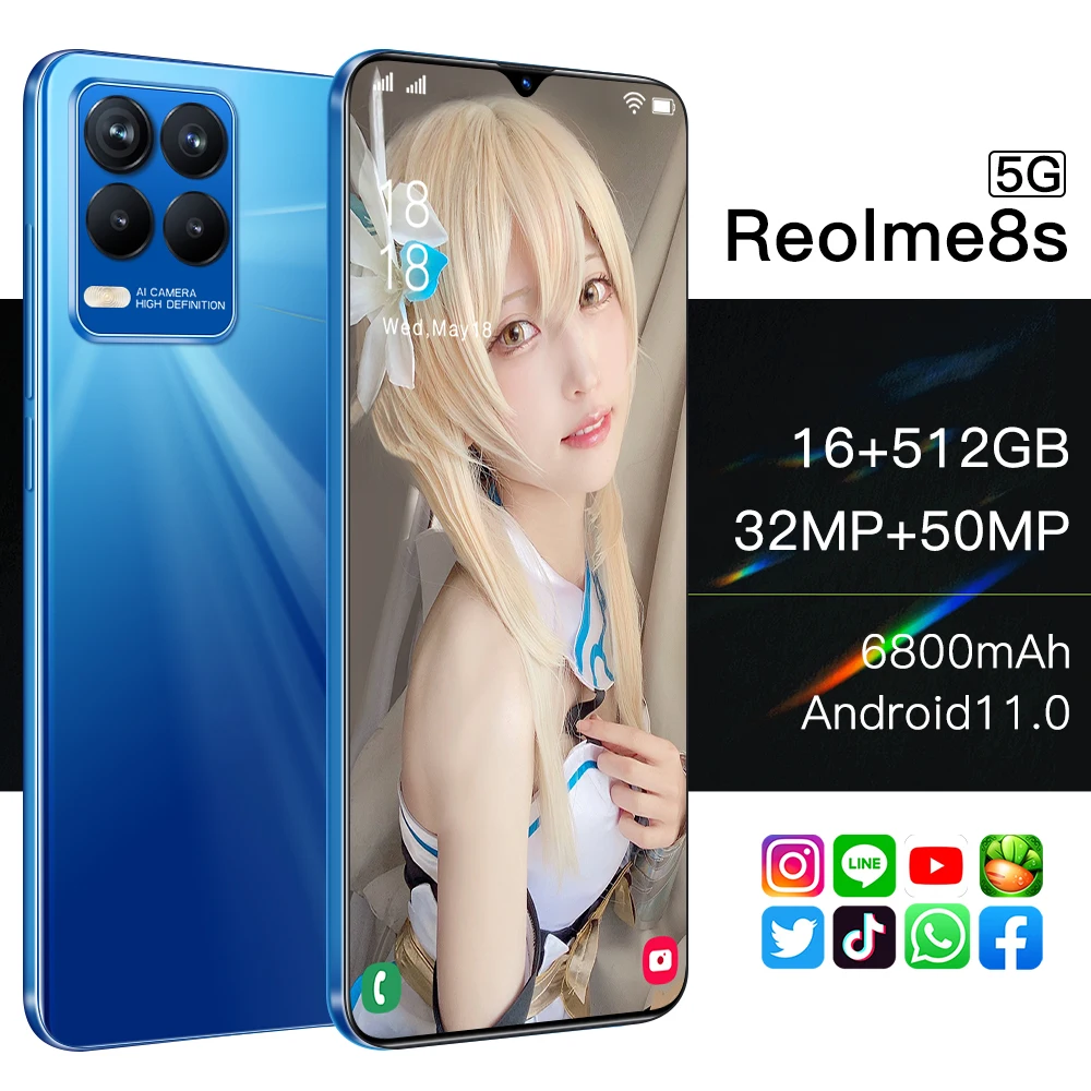 global version reolme 8s smartphone 6 7 inch 6800mah unlock android 11 0 16gb512gb moblie phones 4g 5g cellphones free global shipping