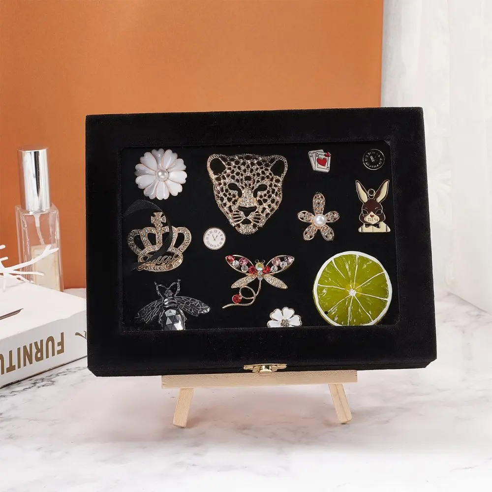 Simple Classic Velvet Box with Snap Buttons Black Rectangle Badge Ring Earring Jewelry Display Stands Tray Holder Storage Case