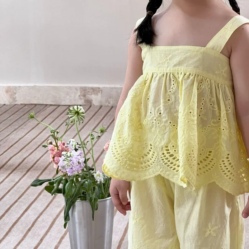 

2022 summer girls suspender suit girls 9 points wide-leg pants children lemon yellow orange lace suspenders