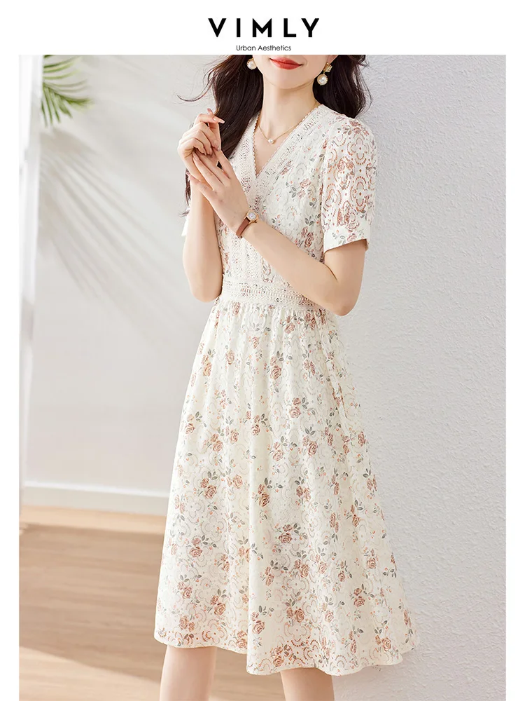 Vimly Vintage Summer Lace Floral Dress for Women 2023 Elegant Chic Embroidery V Neck Short Sleeve A Line Slim New In Dresses