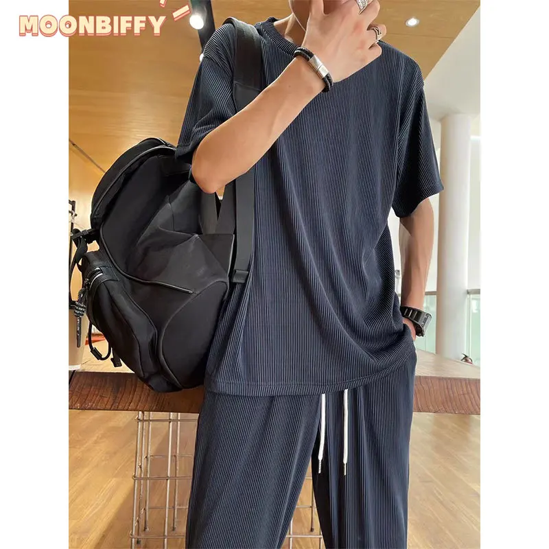 

Ice Silk Casual Suit Male Ins Tide Brand Straight Pleated Sports Pants Summer Thin Section Handsome Drape Suit Mens Clothing