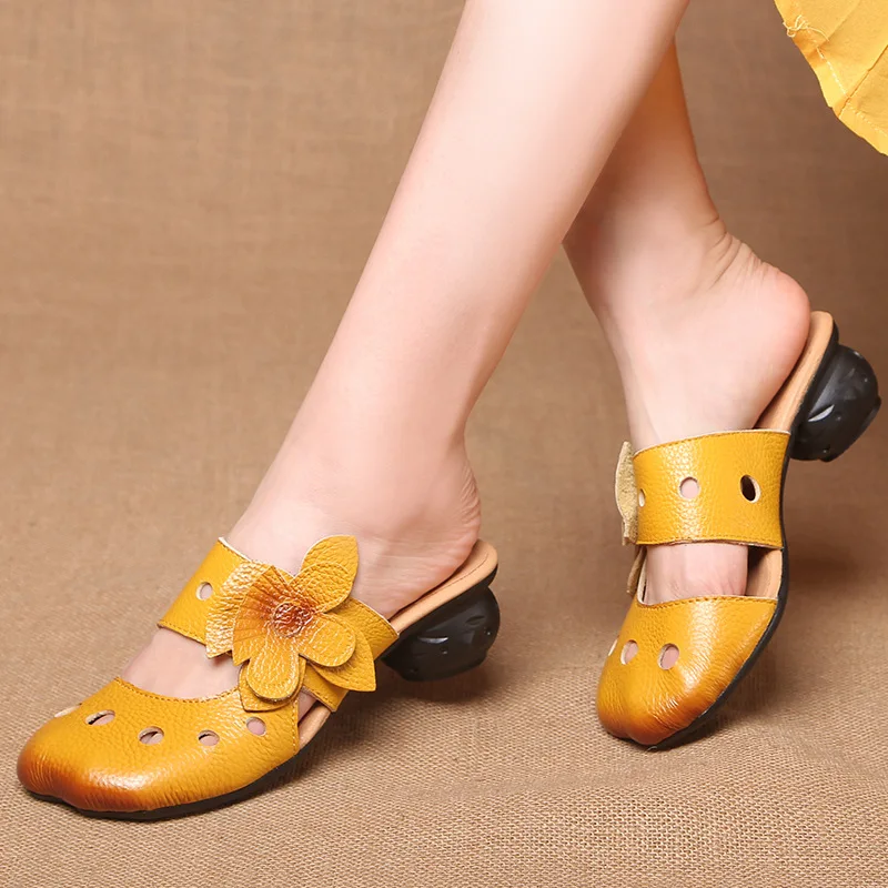 Fashion Ladies Blue Flower Sandals Mid-heeled Summer Hole Flower Slides Cowhide Leather Slippers Women Female Ethnic Shoes