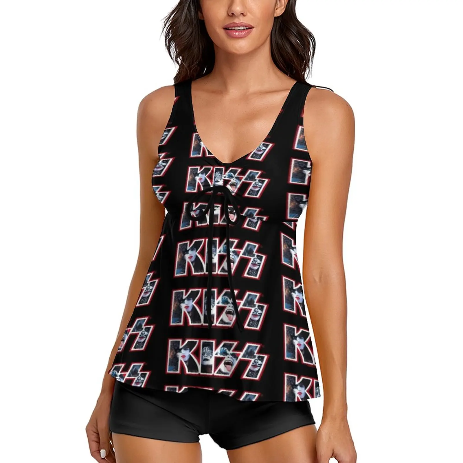 

Kiss Band Photo Swimsuit Kiss Logo Print Two Piece Tankini Swimwear High Waist Kawaii Bathing Suits Plus Size Bath Beach Outfits