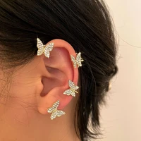 creative new trendy cute gold color rhinestone crystal small butterfly non piercing wrap ear cuff earrings women fashion jewelry