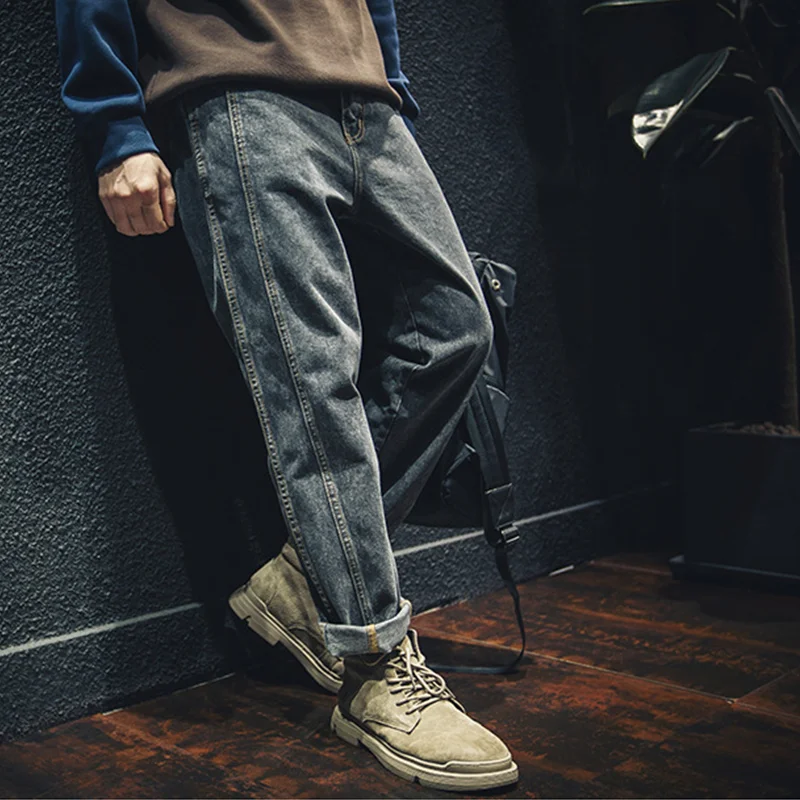 Men Clothing Autumn and Winter New Straight Loose Cylinder Jeans Vintage Splicing Comfortable Black Grey Harun Trousers Female