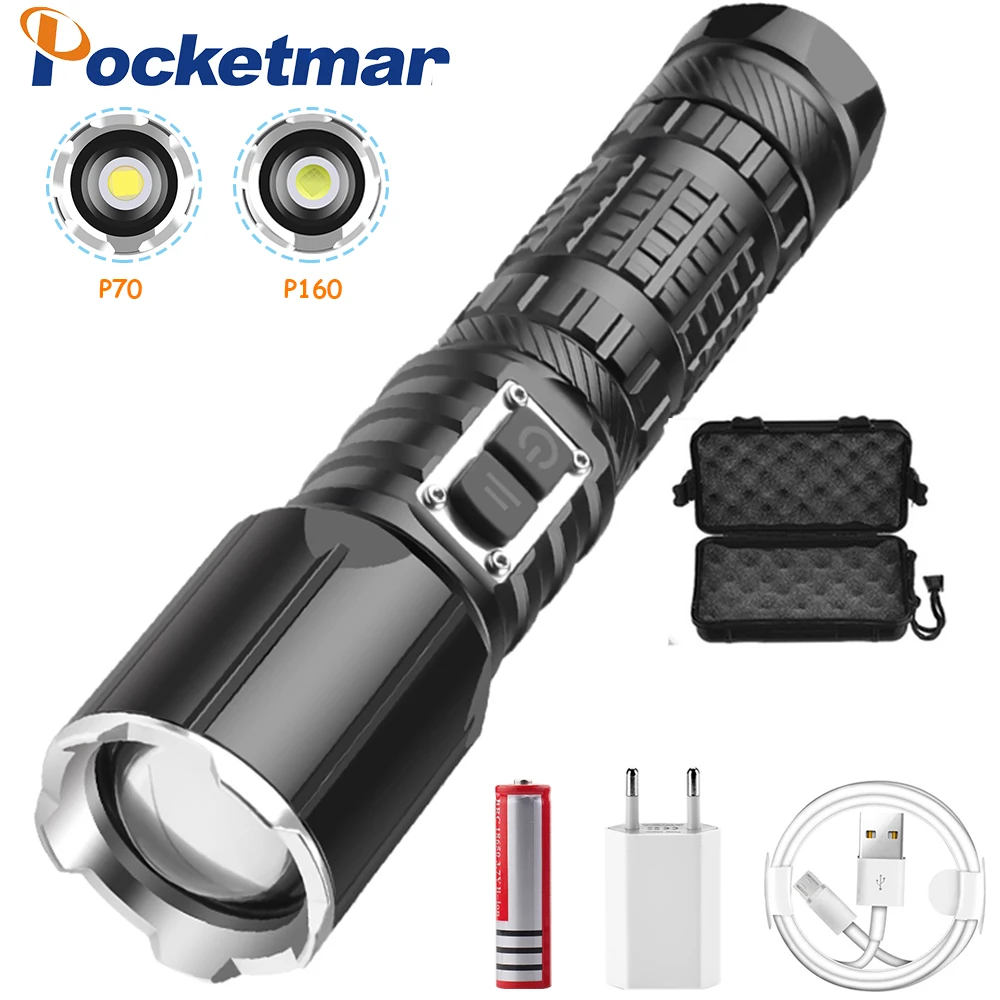 

Most Powerful LED Flashlight XHP160 USB Rechargeable Flash Light 5 Modes Zoom Torch Tactial Flash Lantern Use 26650
