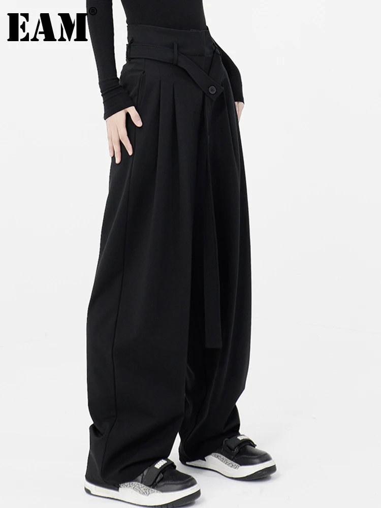 

[EAM] High Waist Black Pleated Casual Long Wide Leg Trousers New Loose Fit Pants Women Fashion Tide Spring Autumn 2023 1DE6386