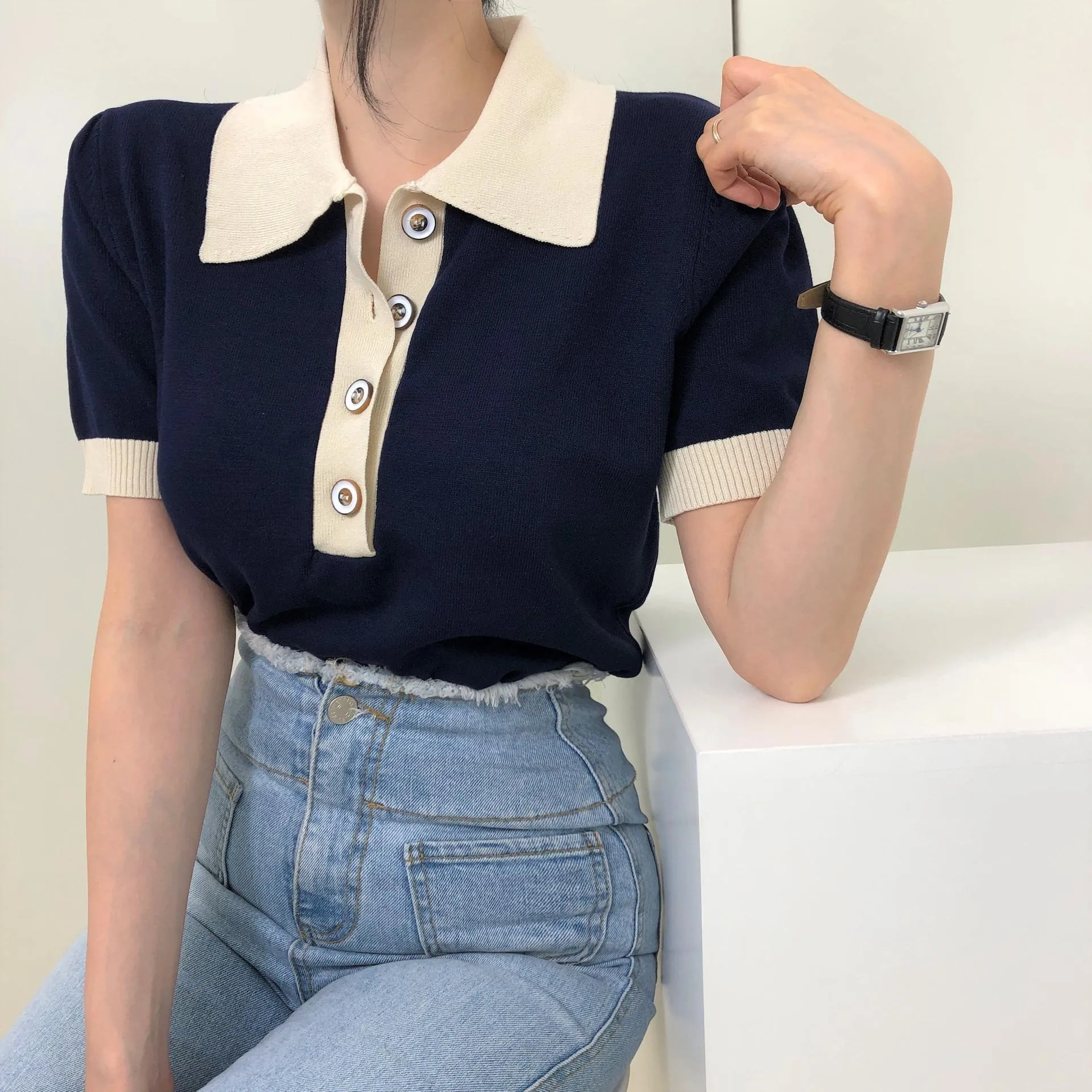 

2022 Summer Sweater Women's Pullover Buttons Up Patchwork Short Sleeve Knitted Tops Femme Korean Fashion Jersey Mujer