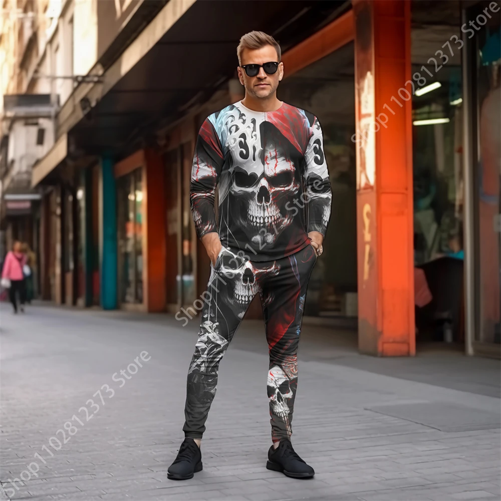 2023 Man Tracksuit Sets Fashion Men's Long Sleeve T-shirts Two Piece Set 3D Retro Skull Printing Casual Streetwear Men Clothing