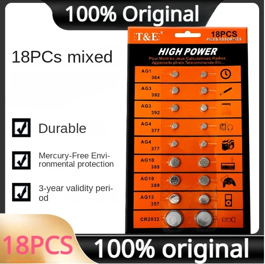 

Original 18Pcs AG1/AG3/AG4/AG10/AG13/CR2032 Button Cell Coin Battery Set Suitable for Calculators Computers Clocks Flashlight