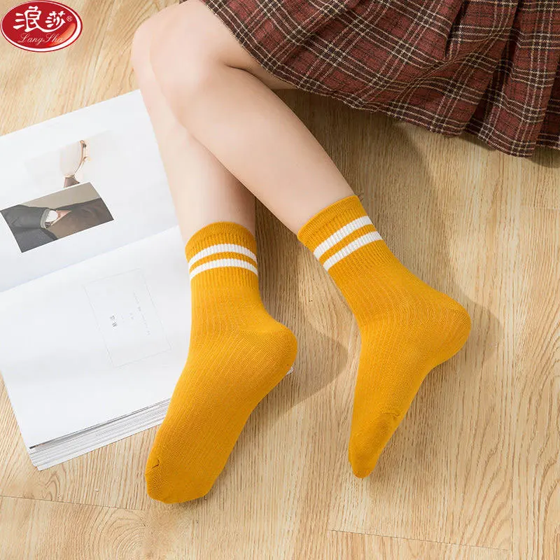 

Women's socks combed cotton striped Korean college style casual cotton socks mid-tube tide socks