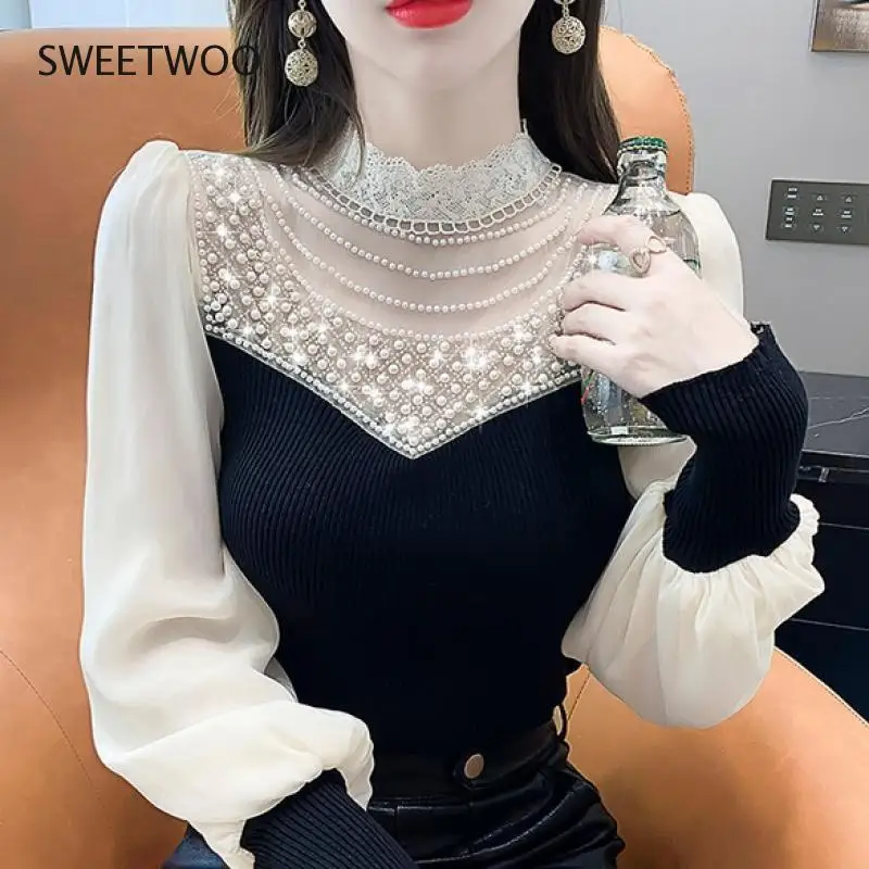 

2022 Spring Lantern Sleeve Imitation Pearls Mesh Chiffon Blouse for Women Fashion Elegant Knitted Tops Female Slim Fit Shirts
