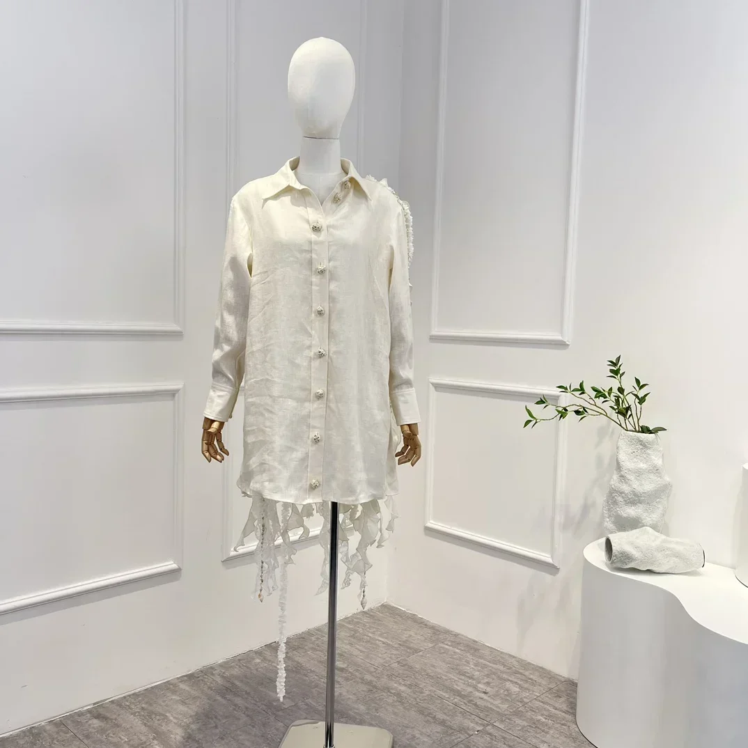 

2023 Top Quality Pure Linen Beige Unique Designed Frill Ruffle Natural Shell Beading Tassel Blouse for Women