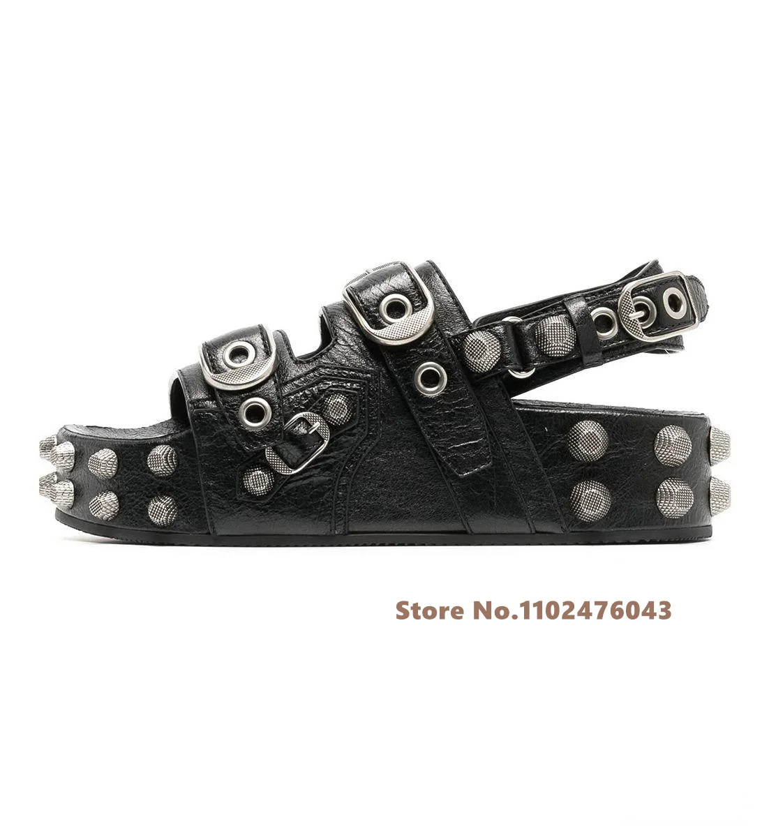 

Summer Black Studded Leather Sandals Men Outside Platform Buckle Slide Embellished Mid Heel Sandals Designer Shoes High Quality