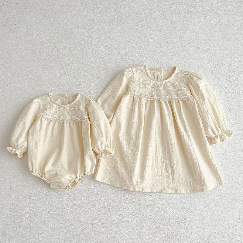 

Sisters Clothes Kids Party Dresses Long Sleeved Cotton Lace Stitching Toddler Baby Bodysuits Autumn Spring Girls Princess Dress