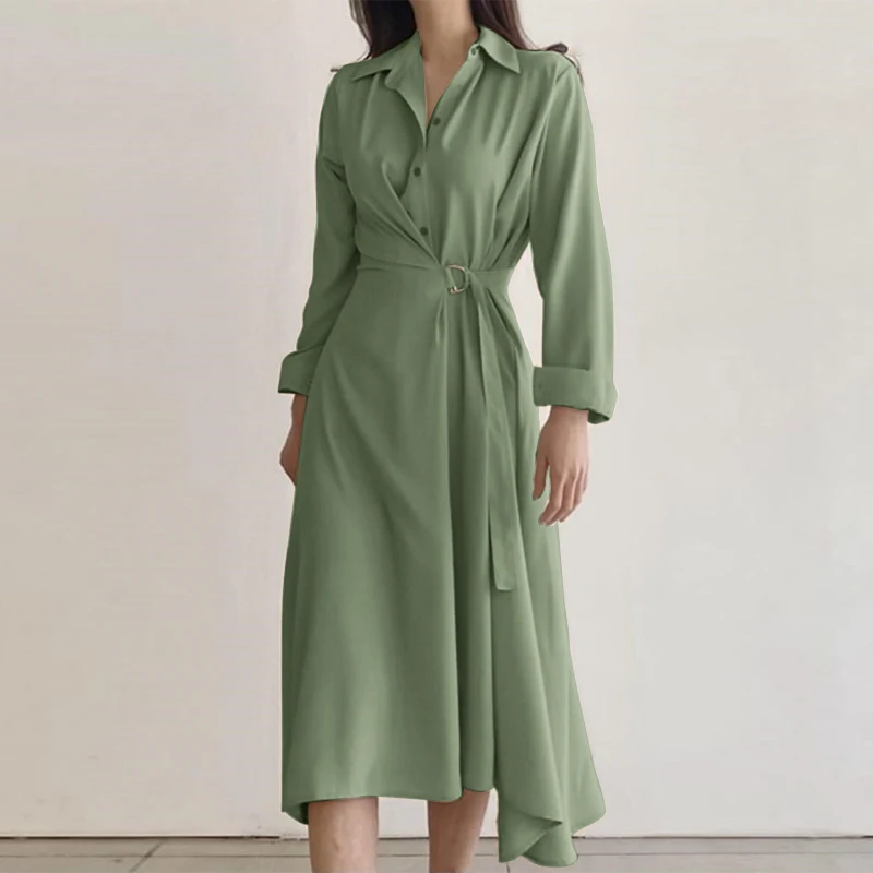 

Платье ZANZEA женское асимметричное с длинным рукавом, повседневное винтажное офисное платье-рубашка средней длины с лацканами и поясом, боль...