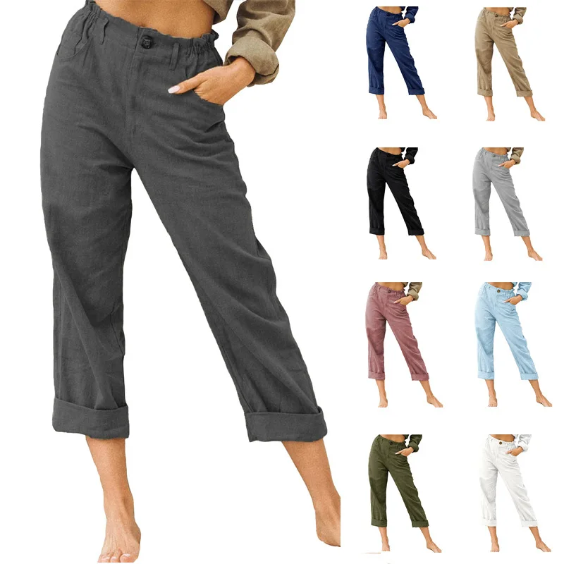 

2022 European and American women's new fashion solid color cotton linen fashion loose high waist casual trousers women