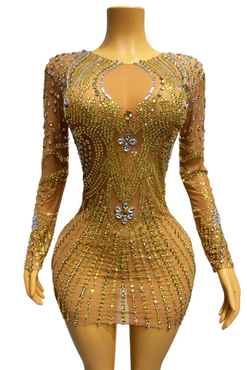 

Flashing Gold Rhinestones Sexy Stage Birthday Celebrate Evening Costume Long Sleeves Dance Outfit huangjin