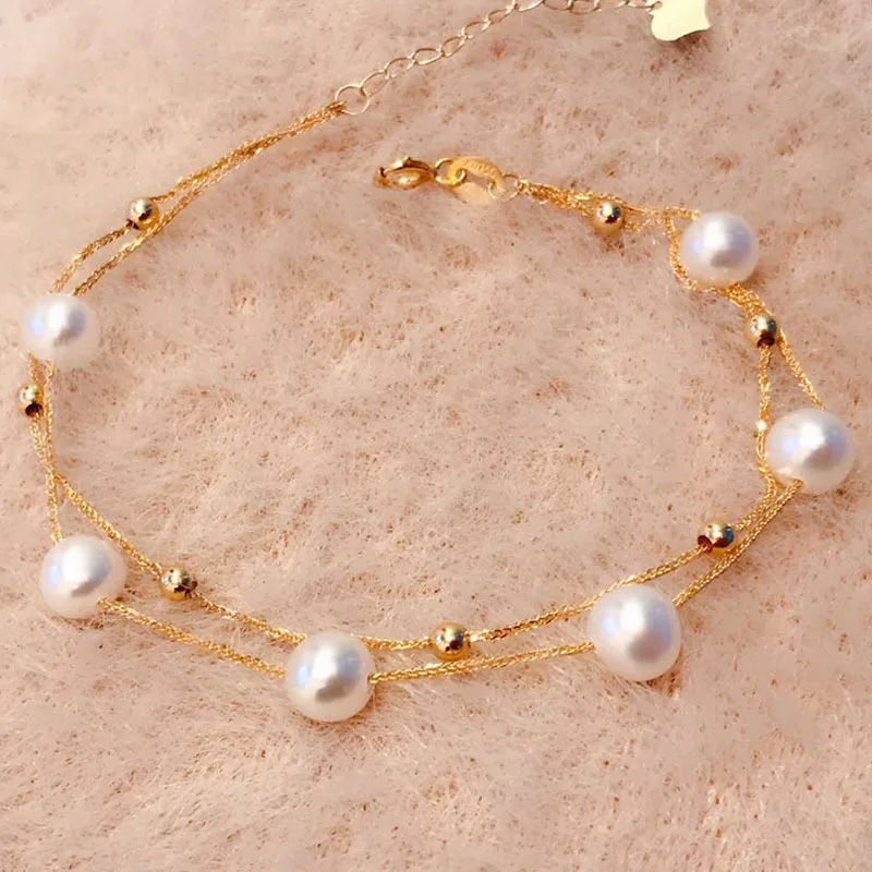 

POFUNUO Real 18K Gold Bracelet With Natural Freshwater Pearl Pure AU750 Adjustable Chain Fine Jewelry Gifts for Women