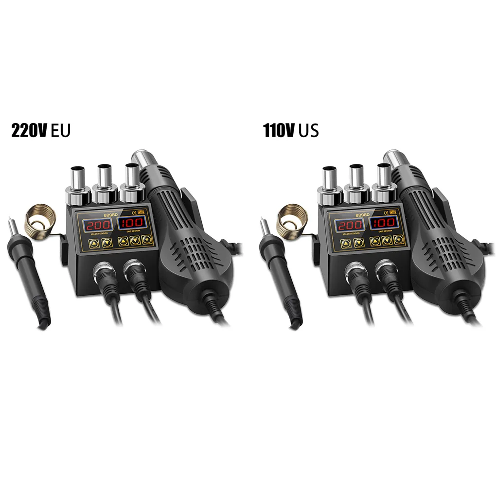 

Soldering Iron Digital Display Temperature Adjustable Hot Air Rework Station Welding Tool with 3 Nozzles 110V US Plug