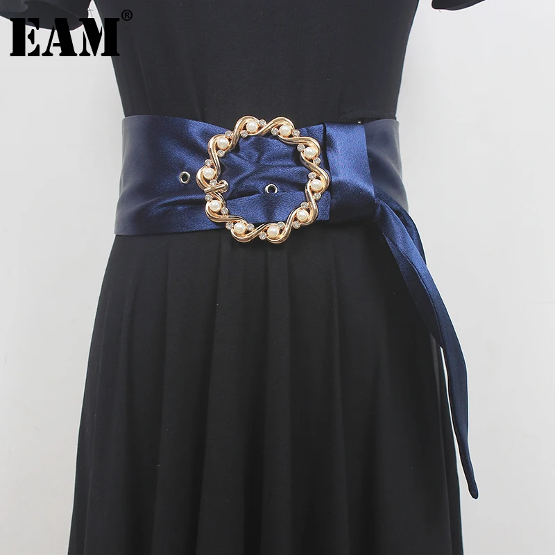 

[EAM] Blue Pearl Metal Buckle Temperament Long Wide Belt Personality Women New Fashion Tide All-match Spring Autumn 2023 1DF6626