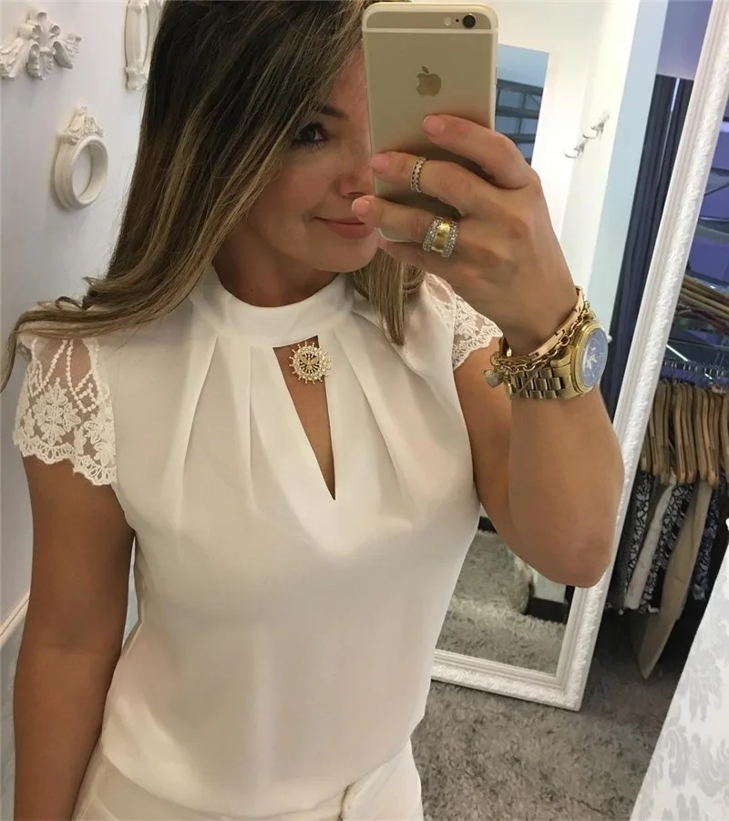 

Sexy Stand Collar Shirt Top Women 2022 Summer New Deep V Back Zipper Lace Lace Sleeve Stitching Tops 4 Colors