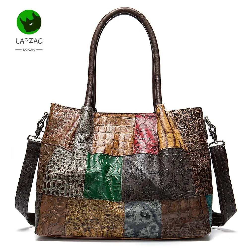Большая женская сумка из натуральной воловьей кожи многоцветная Лоскутная