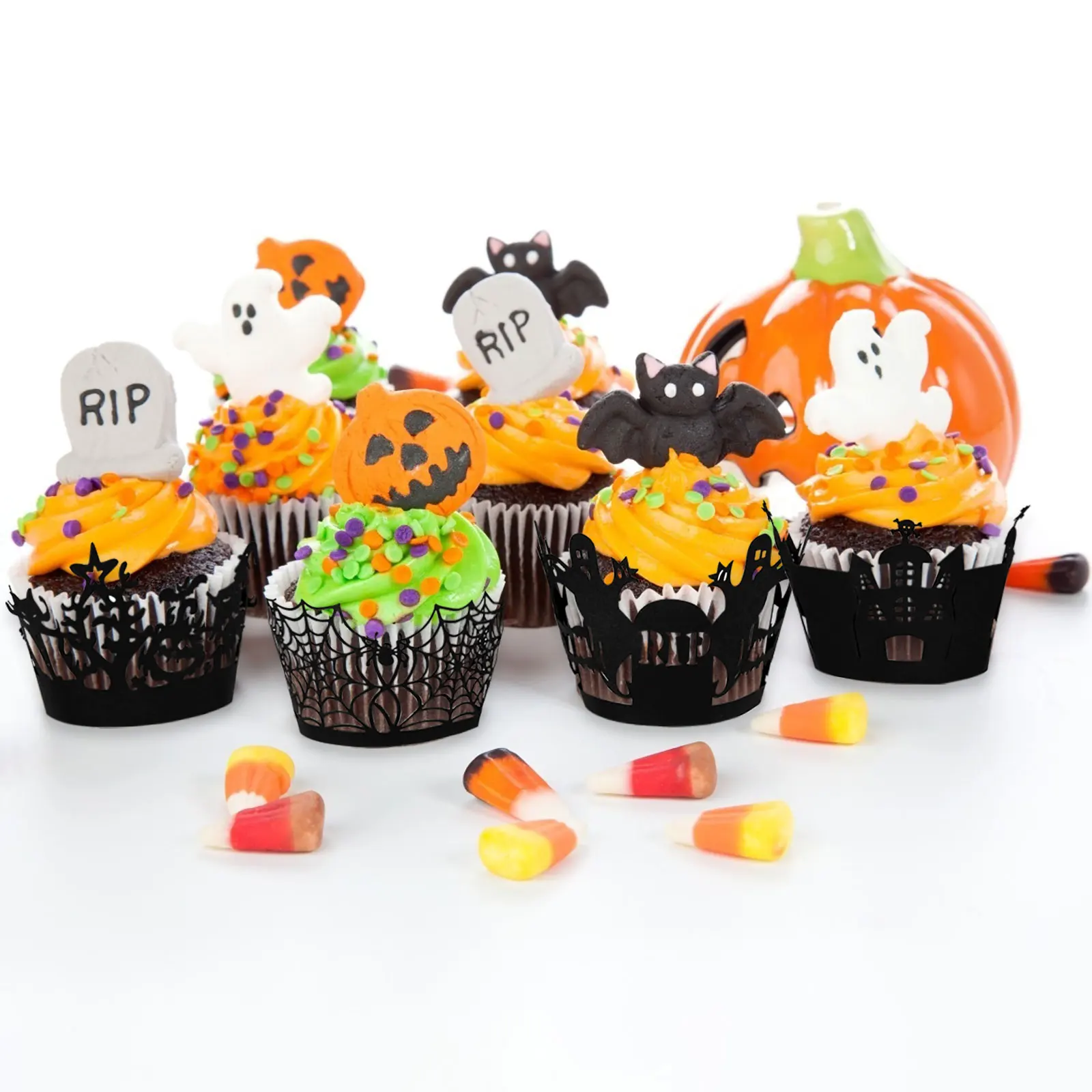

90 Pieces Cupcake Accessories Set, Pumpkin Spider Bat Pattern Cupcake Toppers