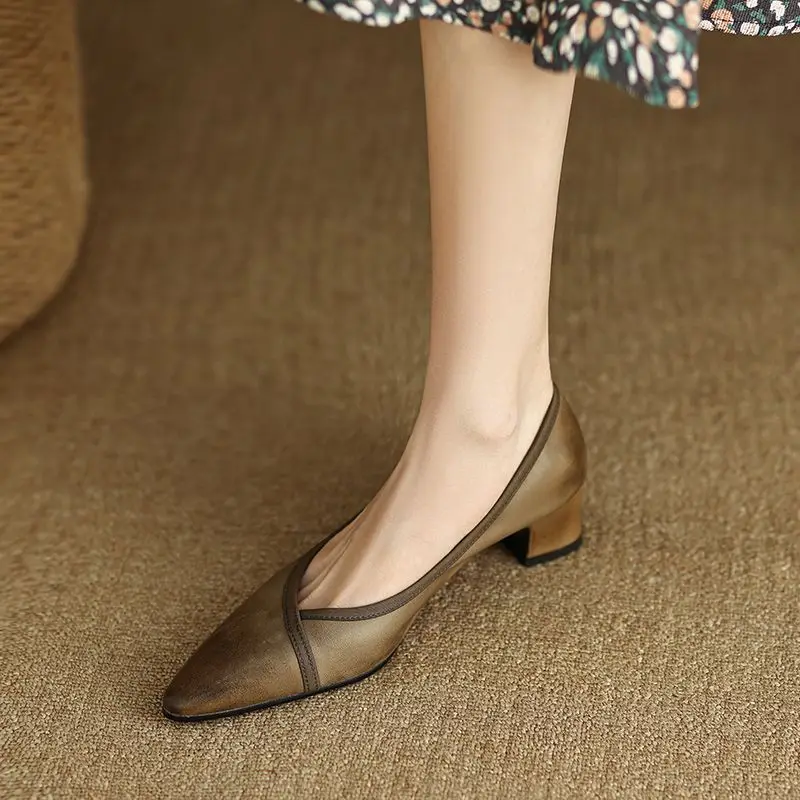 

Cozy Med Heels Slip On Daliy Shoes Thick Heels Women Cowhide Shoes On Heel 4CM French Style Spring Autumn Lady Vintage Pumps