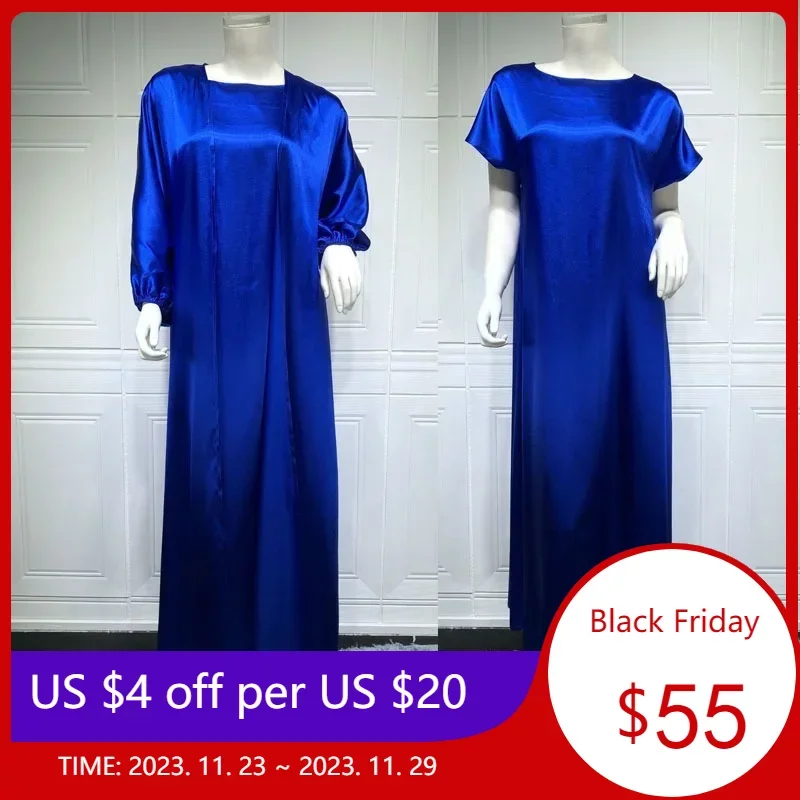 

Arab 2pcs Abaya Set Arabic Kaftan Women Silky Kimono + Sleeveless Long Dress Muslim Match Suit Dubai Islam Modest Outfit Ramadan