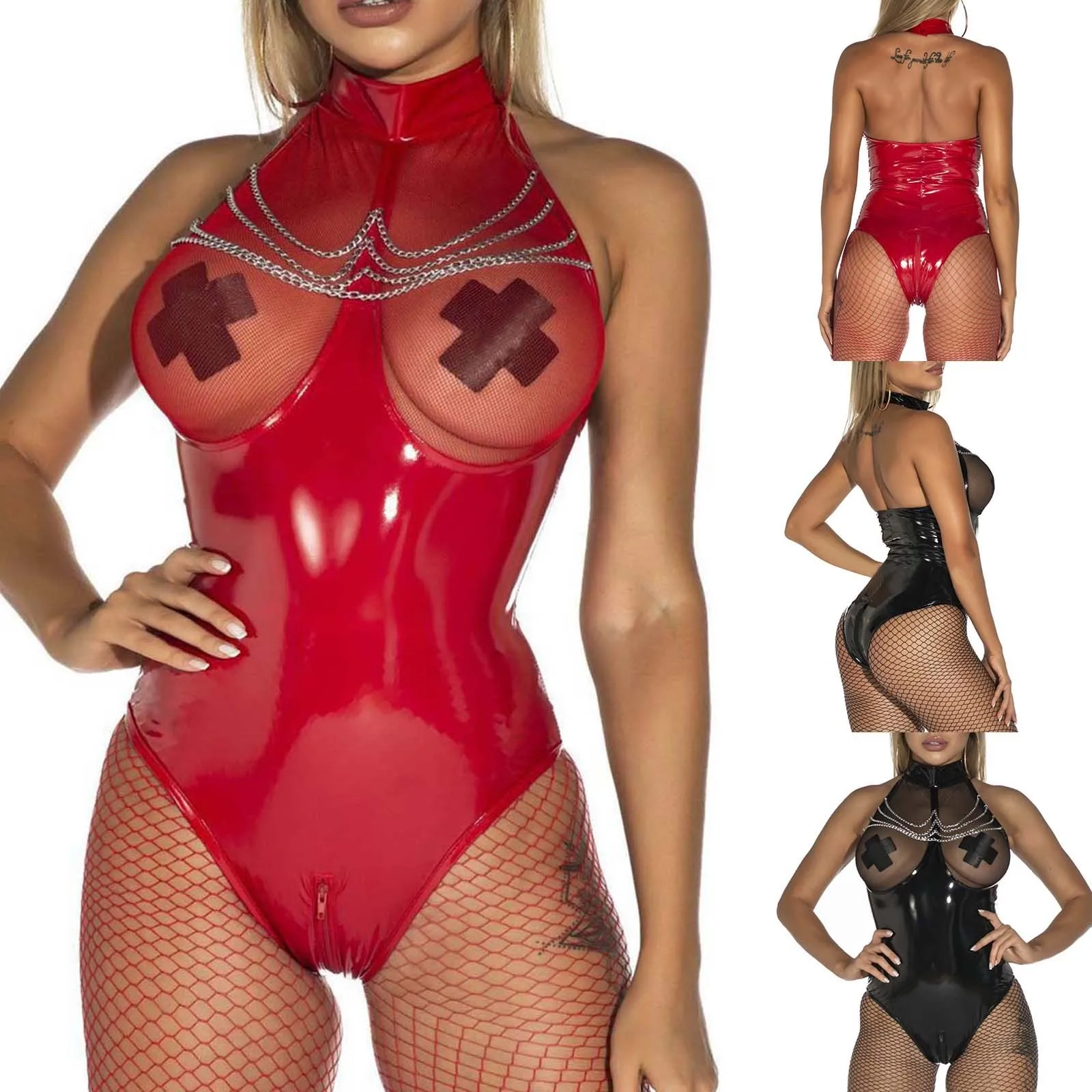 

Women's Tight Fitting Mirror PVC Leather Pu Lacquer Open Crotch Mujer Hot Dress Mesh Transparent Sexi Exotic Apparel