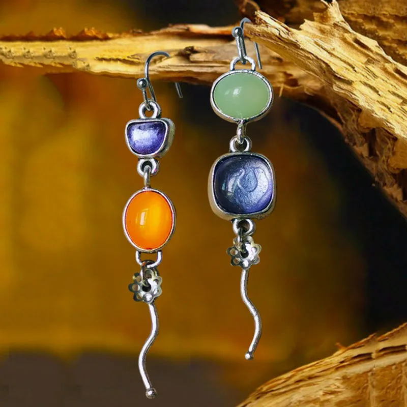 

2022 Fashion New Jewelry Asymmetric Purple Resin Green Orange Opal Tassel Oval Stone Earrings Ladies Girl Gifts
