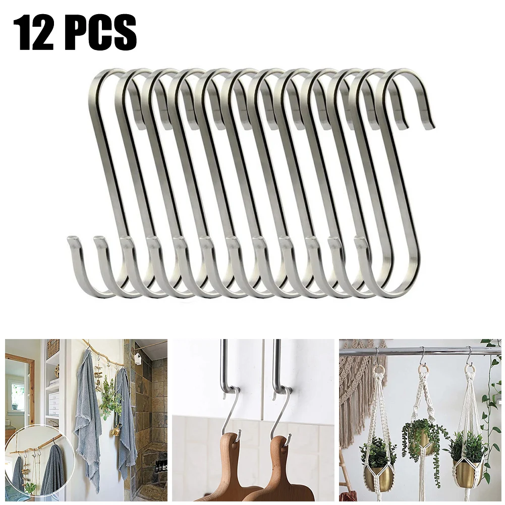 

12pc S Hooks Flat Stainless Steel Hanger Kitchen Garden Hanging Utensil Home Hooks For Butcher Shop Kitchen Baking Tools
